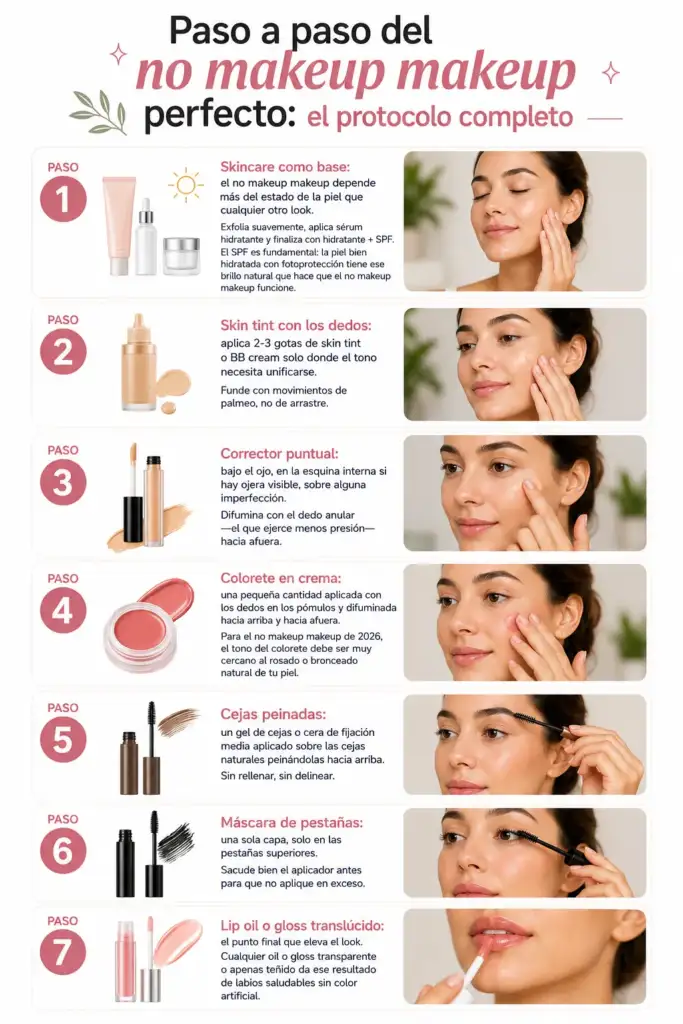 Paso a paso del no makeup makeup perfecto: el protocolo completo Infografía con siete pasos para conseguir un maquillaje no makeup makeup natural, desde el skincare hasta el gloss translúcido.