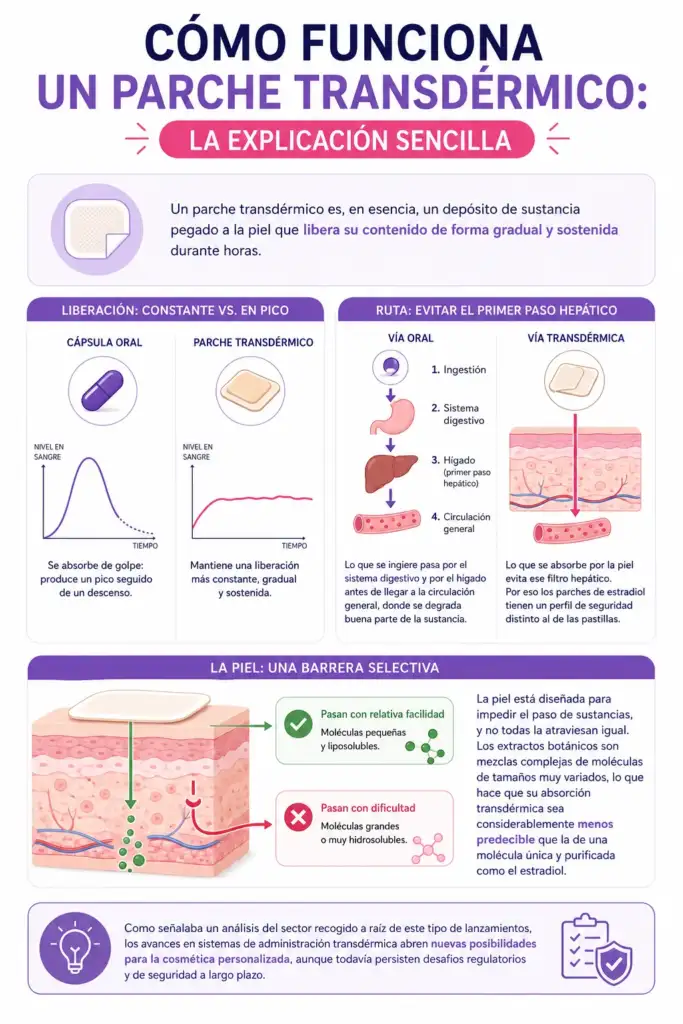 Infografía que explica de forma visual cómo funciona un parche transdérmico, su liberación gradual, la absorción a través de la piel y las diferencias frente a la administración oral.