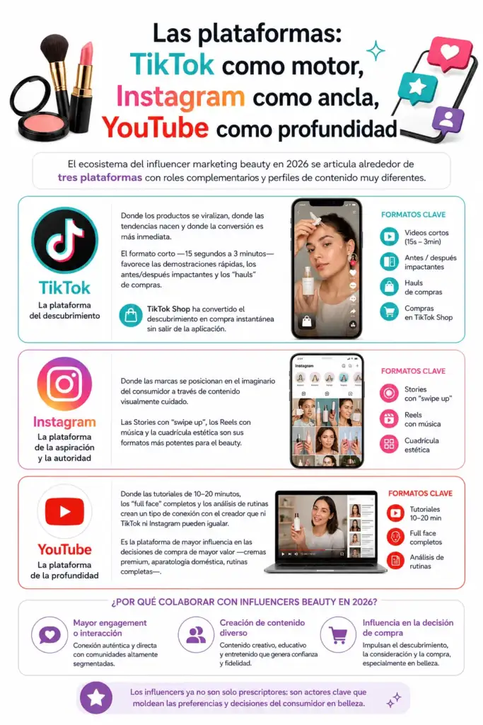 Las plataformas: TikTok como motor, Instagram como ancla, YouTube como profundidad Infografía sobre el papel de TikTok, Instagram y YouTube en el influencer marketing beauty de 2026.