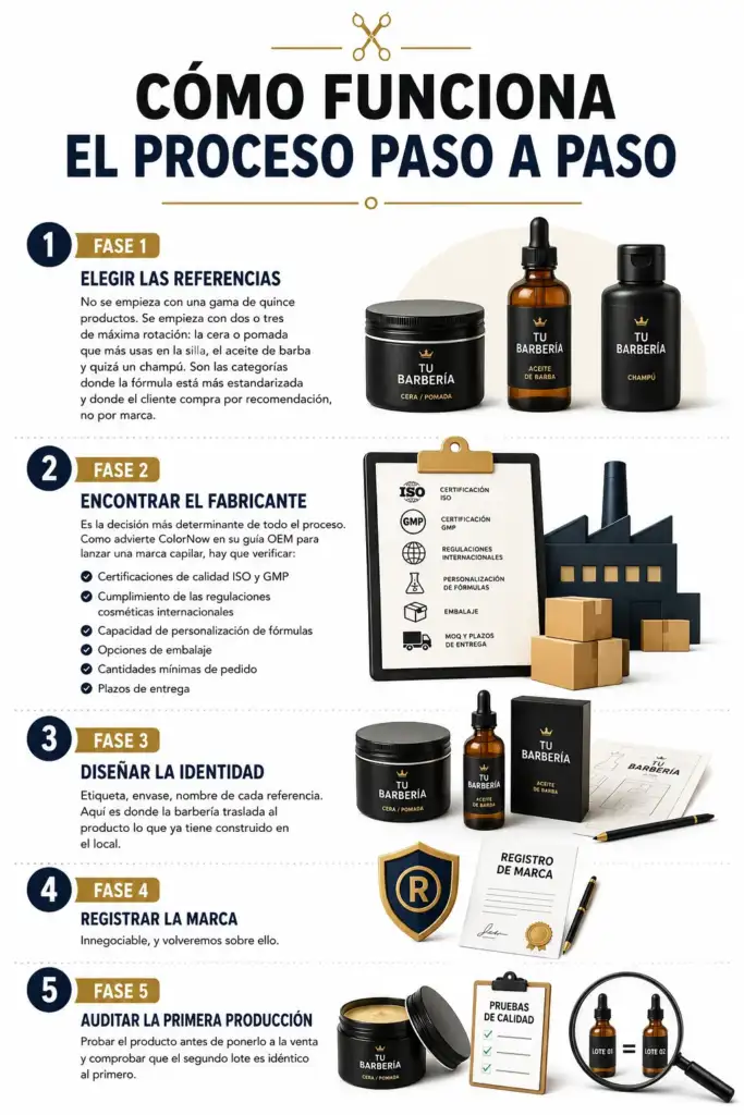 Cómo funciona el proceso paso a paso para lanzar una marca propia de barbería Infografía con las cinco fases para crear una marca propia de barbería: selección de productos, fabricante, identidad de marca, registro y control de calidad.