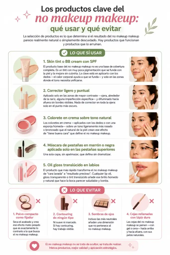 Los productos clave del no makeup makeup: qué usar y qué evitar Infografía sobre los productos recomendados y los errores que deben evitarse para conseguir un maquillaje no makeup makeup natural.