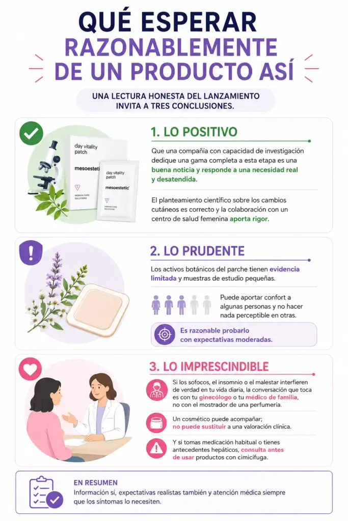 Infografía que resume qué esperar de un parche cosmético para la menopausia, con sus ventajas, limitaciones y recomendaciones de uso responsable.