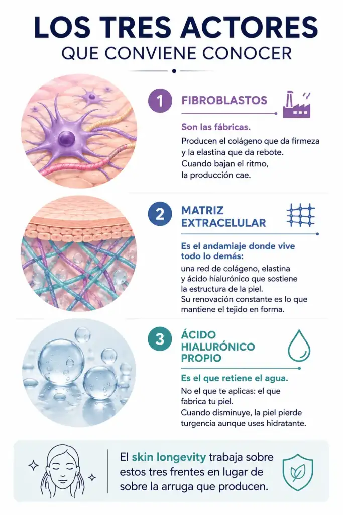 Infografía que explica los tres elementos fundamentales del skin longevity: fibroblastos, matriz extracelular y ácido hialurónico propio, y cómo contribuyen a mantener la firmeza, estructura e hidratación de la piel.