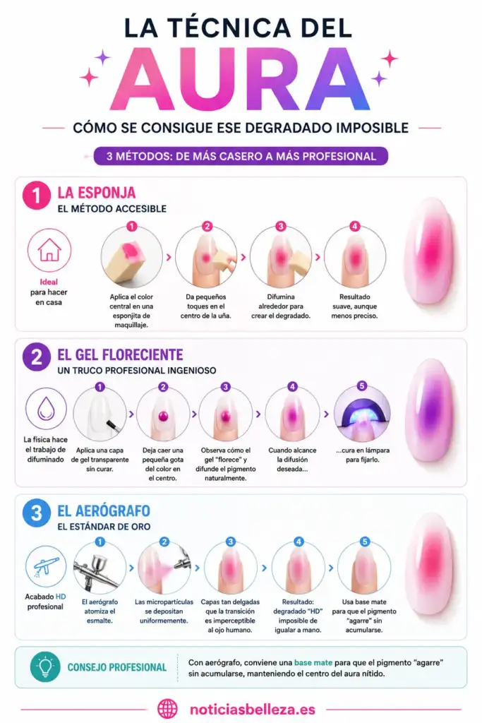 Infografía técnica de la manicura Aura: métodos para crear el degradado Infografía que explica las tres técnicas para conseguir el efecto Aura en las uñas: aplicación con esponja, gel floreciente y aerógrafo profesional, con sus pasos y resultados.
