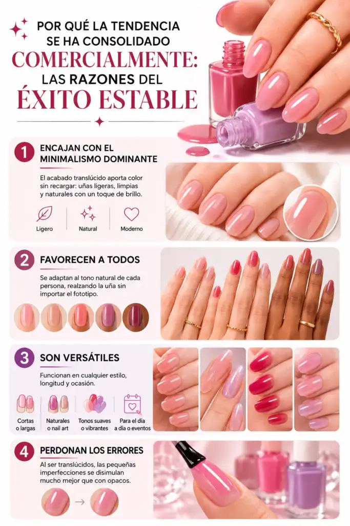 Por qué los esmaltes translúcidos y glossy triunfan en 2026 Infografía sobre las razones por las que los esmaltes translúcidos y glossy se han consolidado como una de las principales tendencias de manicura en 2026.