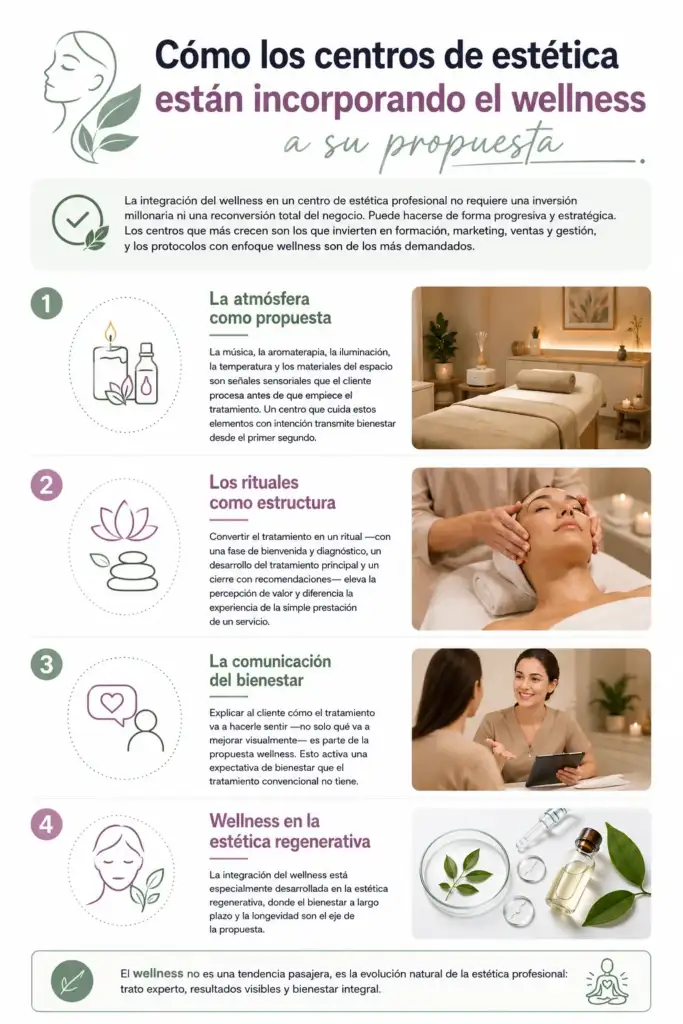 Cómo los centros de estética están incorporando el wellness a su propuesta Infografía sobre la incorporación del wellness en centros de estética mediante atmósfera sensorial, rituales, comunicación del bienestar y estética regenerativa.