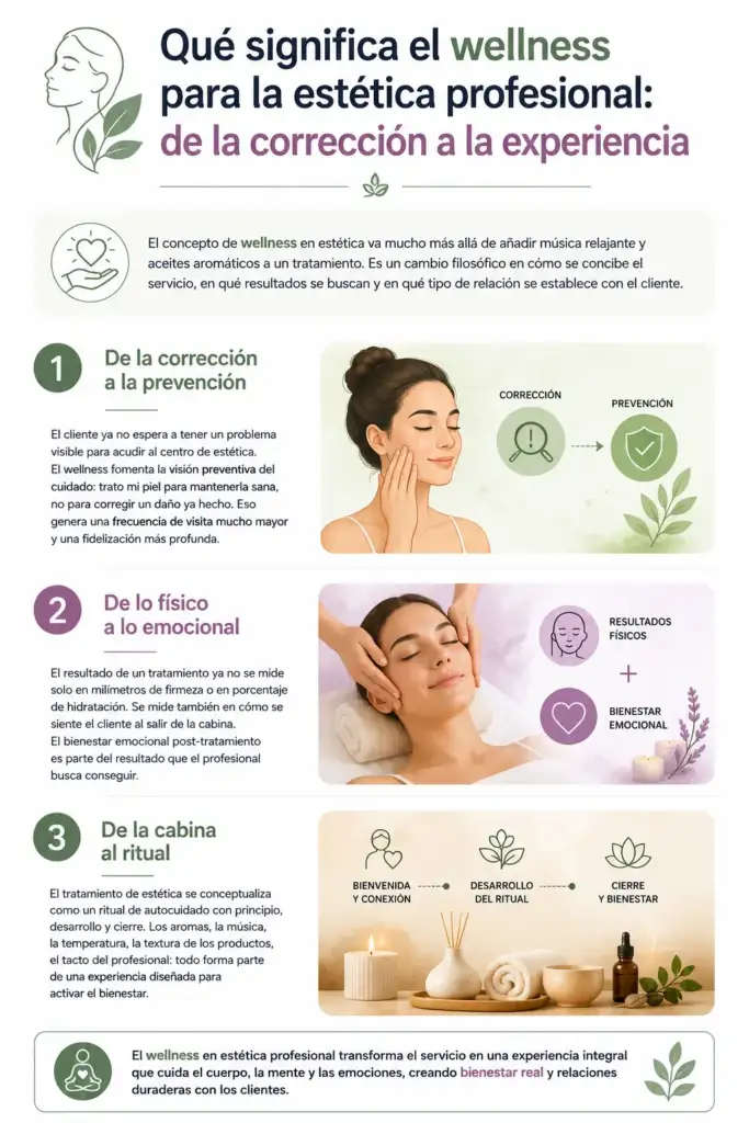 Qué significa el wellness para la estética profesional: de la corrección a la experiencia Infografía sobre la transformación del wellness en estética profesional, desde la prevención y el bienestar emocional hasta la creación de rituales de autocuidado.