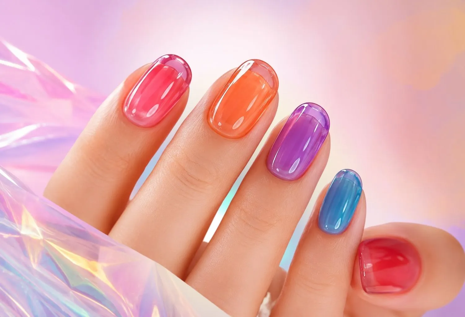 Primer plano de una manicura jelly nails con uñas translúcidas en tonos rosa, naranja, morado, azul y rojo sobre un fondo pastel.