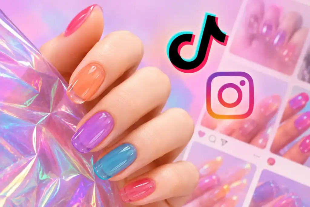 Jelly Nails: la manicura viral que triunfa en TikTok e Instagram Primer plano de unas jelly nails translúcidas en tonos vivos junto a los logotipos de TikTok e Instagram, representando la viralidad de esta tendencia de manicura.