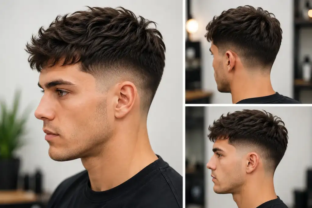 Low taper fade 2026: el corte más natural y versátil Hombre con un corte low taper fade moderno, mostrando el degradado bajo alrededor de las orejas y la nuca con la parte superior texturizada y con volumen.