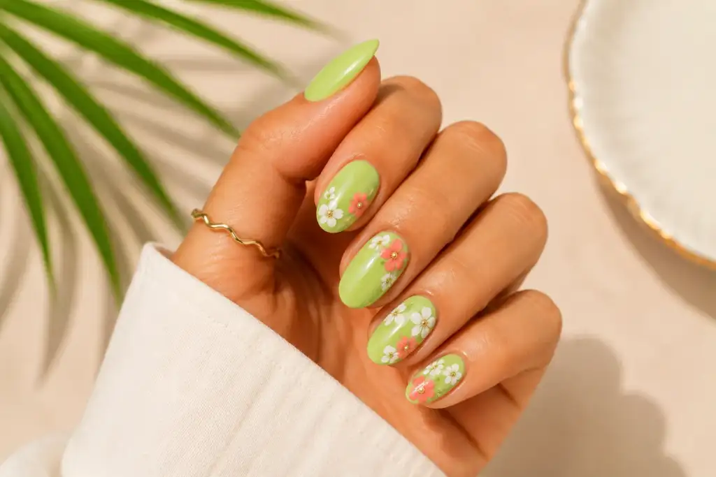 Manicura floral verde pistacho con flores delicadas verano 2026 Manicura verde pistacho decorada con pequeñas flores blancas y coral sobre acabado brillante, tendencia uñas verano 2026.