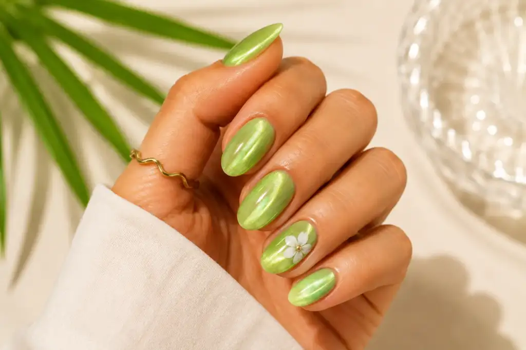 Manicura ojo de gato verde pistacho con efecto magnético verano 2026 Manicura verde pistacho con efecto ojo de gato magnético, acabado brillante y detalle floral blanco, tendencia de uñas verano 2026.