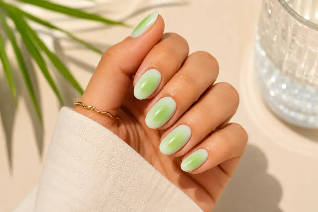 Manicura verde pistacho efecto aura con degradado menta verano 2026 Uñas con manicura efecto aura en tonos verde pistacho y menta con acabado brillante y degradado suave para verano 2026.