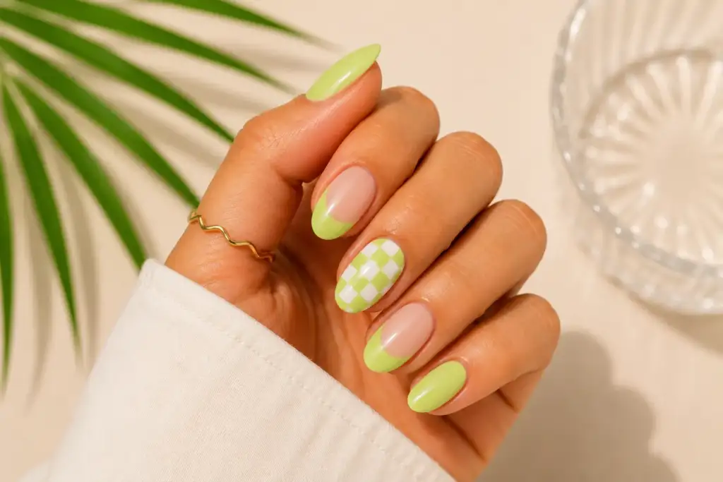 Manicura verde pistacho con estampado de cuadros verano 2026 Manicura en tonos verde pistacho con diseño de cuadros blancos y acabado brillante sobre uñas almendradas.