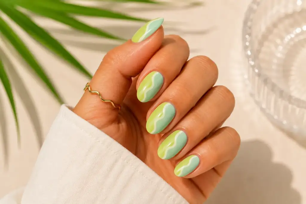 Manicura verde pistacho y menta con diseño ondulado verano 2026 Manicura en tonos verde pistacho y verde menta con división ondulada sobre uñas almendradas de acabado brillante.