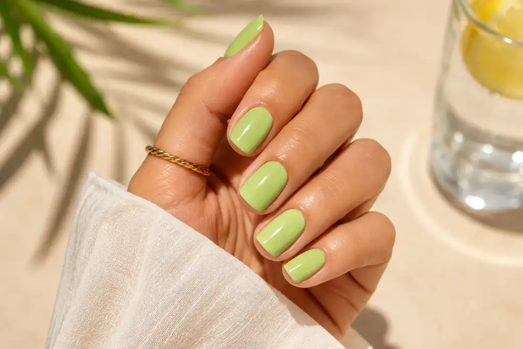 Manicura verde pistacho brillante para verano 2026 Mano con uñas verde pistacho en acabado brillante, una de las tendencias de manicura más destacadas para el verano 2026.