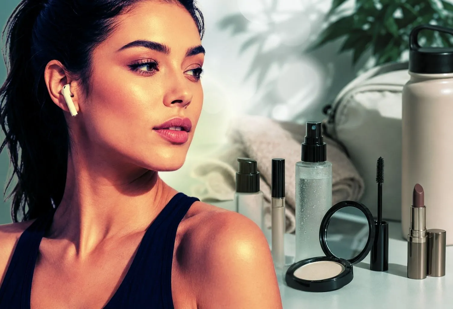 Mujer con maquillaje impecable de larga duración junto a productos cosméticos y fijadores, representando la resistencia del maquillaje frente al ritmo de vida activo.