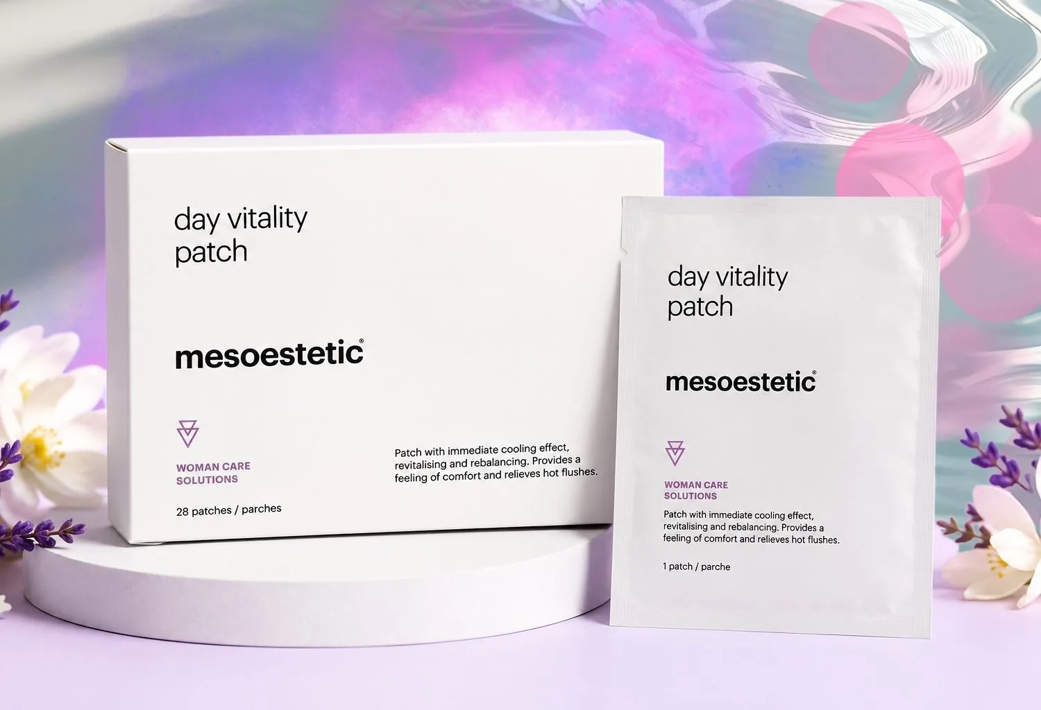 Presentación de Mesoestetic Day Vitality Patch con la caja y un parche individual, tratamiento diseñado para proporcionar efecto refrescante y confort durante la menopausia.