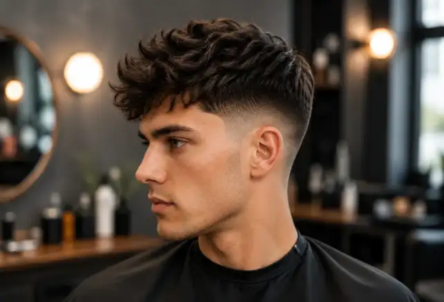 Hombre con un corte mid taper fade moderno, con degradado a media altura y parte superior texturizada en una barbería profesional.