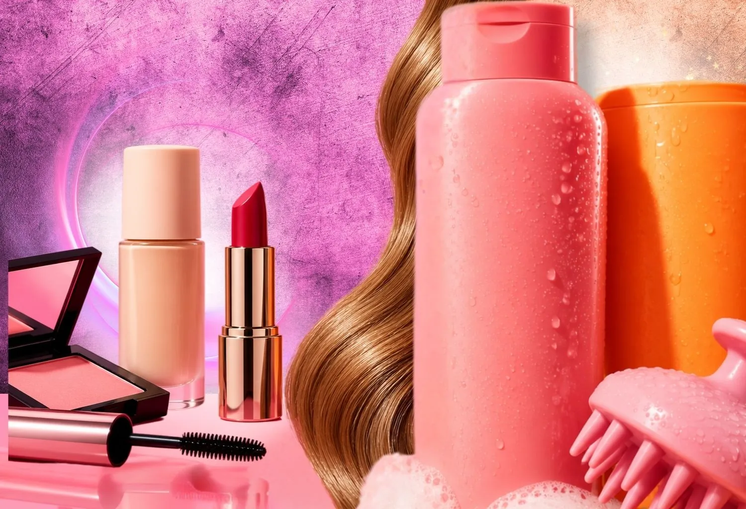 Composición con productos de maquillaje y cuidado capilar que representa la entrada de las marcas de maquillaje en el mercado del haircare.