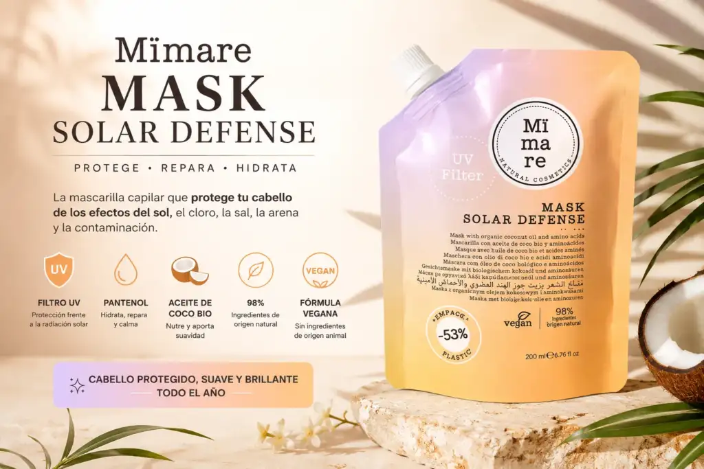 Imagen promocional de la mascarilla capilar Mimare Mask Solar Defense con filtro UV, aceite de coco ecológico, pantenol y fórmula vegana para proteger el cabello del sol, el cloro y la sal.