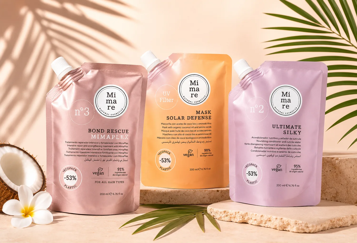 Productos capilares Mïmare Natural Cosmetics en envase Doypack: MimaPlex Bond Rescue, Solar Defense y Ultimate Silky, diseñados para una rutina de skinificación capilar.