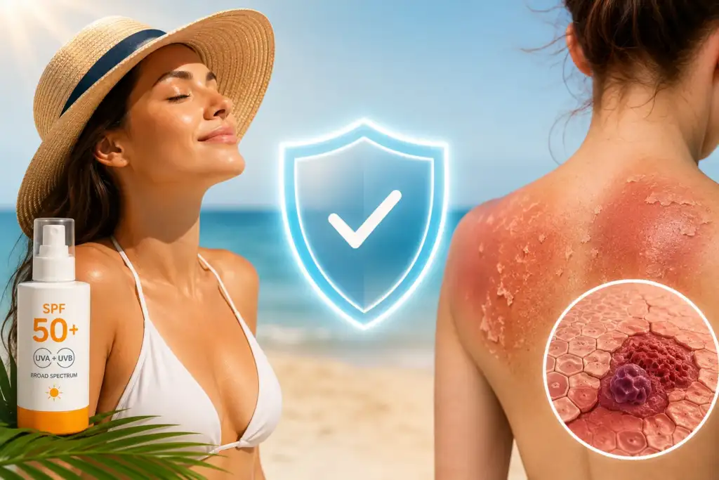 Ilustración que compara la protección solar con protector SPF 50 frente al daño acumulativo causado por la radiación ultravioleta en la piel.