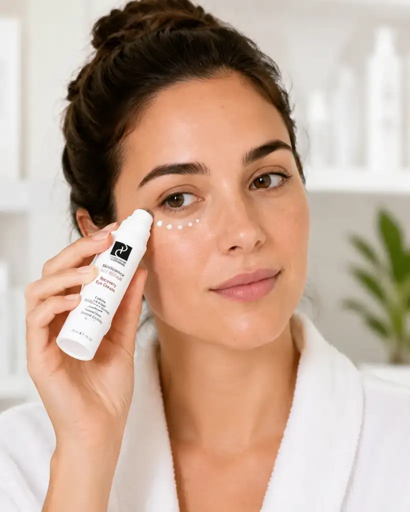 Mujer aplicando SkinScience Age Repair Recovery Eye Cream Mujer aplicando SkinScience Age Repair Recovery Eye Cream en el contorno de ojos durante su rutina diaria de cuidado facial.