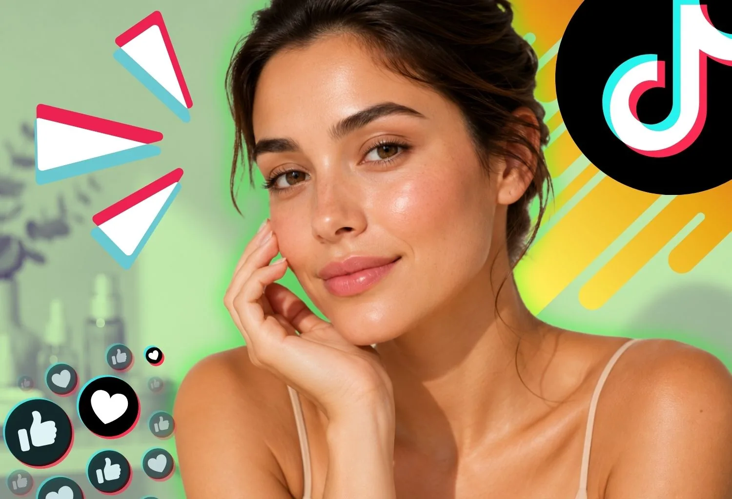 Modelo con maquillaje natural y piel luminosa inspirada en la tendencia no makeup makeup, acompañada de elementos visuales relacionados con TikTok y redes sociales.