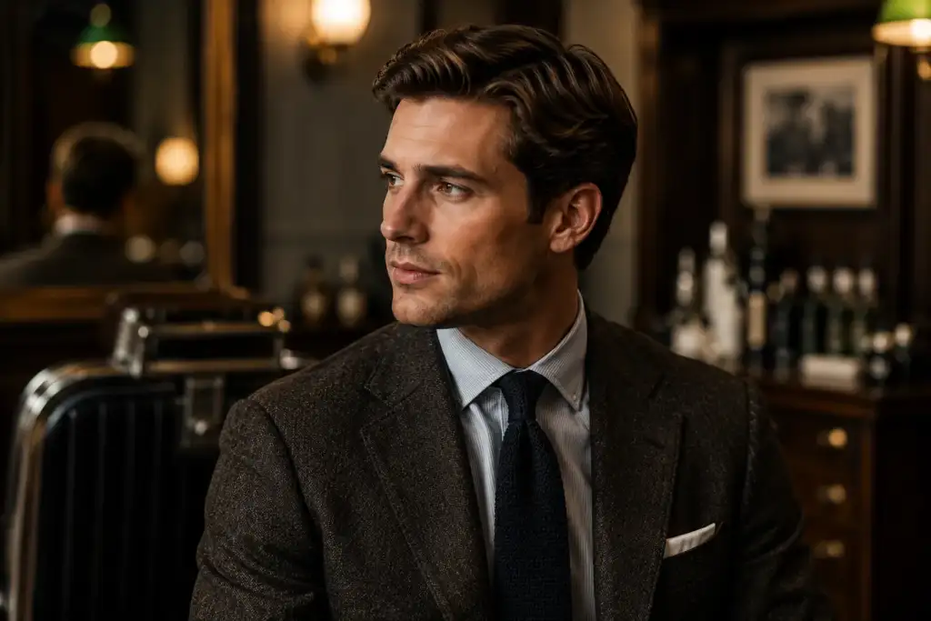 Hombre con peinado Old Money y traje elegante en una barbería premium de estilo clásico y sofisticado.