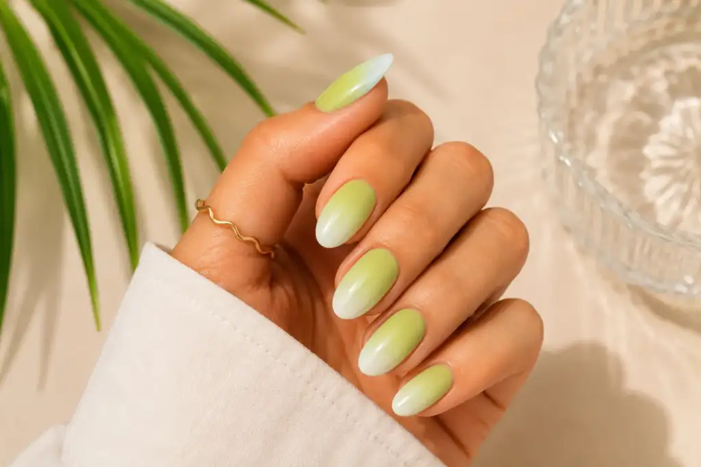 Ombré pistacho blanco verano 2026 Manicura ombré verde pistacho degradada hacia blanco con acabado brillante y efecto luminoso para el verano 2026.