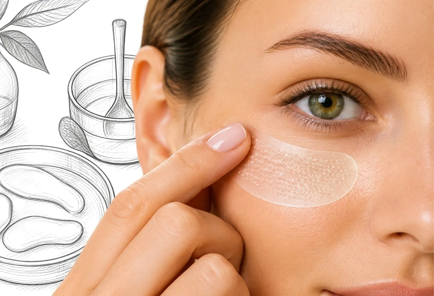 Mujer aplicando un parche de microagujas bajo el ojo para favorecer la penetración de activos cosméticos y mejorar la hidratación de la piel.
