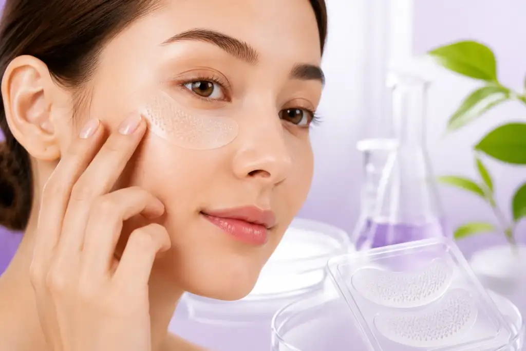 Parches de microagujas K-Beauty para el cuidado de la piel Mujer aplicando un parche de microagujas bajo el ojo junto a un envase de parches y elementos de laboratorio cosmético, representando la tendencia K-Beauty y el skincare avanzado.