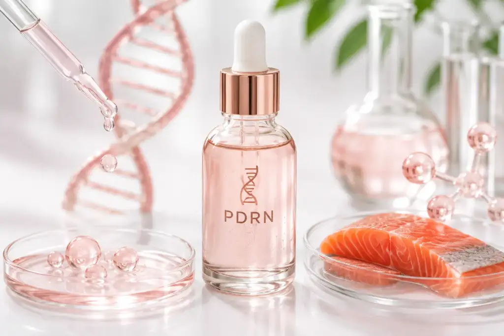 PDRN en cosmética coreana: el activo regenerador inspirado en el ADN de salmón Ilustración de un sérum con PDRN inspirada en la cosmética coreana, junto a ADN, material de laboratorio y salmón como referencia al origen biotecnológico del activo.