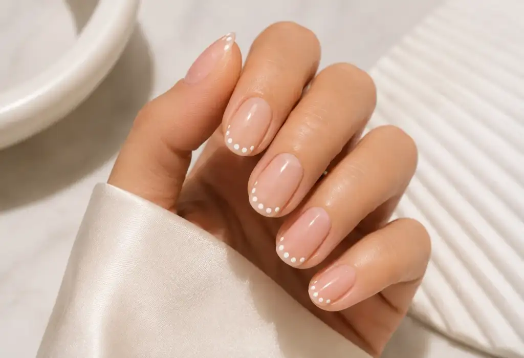 French manicure con lunares: la manicura francesa renovada Manicura francesa renovada con una fila de pequeños lunares blancos sobre una base nude brillante.