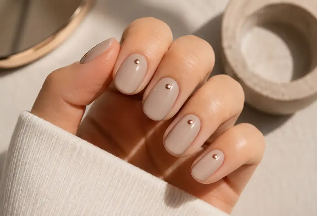 Polka dot nails con lunar cromado sobre base neutra Manicura polka dot con base nude neutra y un único lunar cromado rosa oro en cada uña.