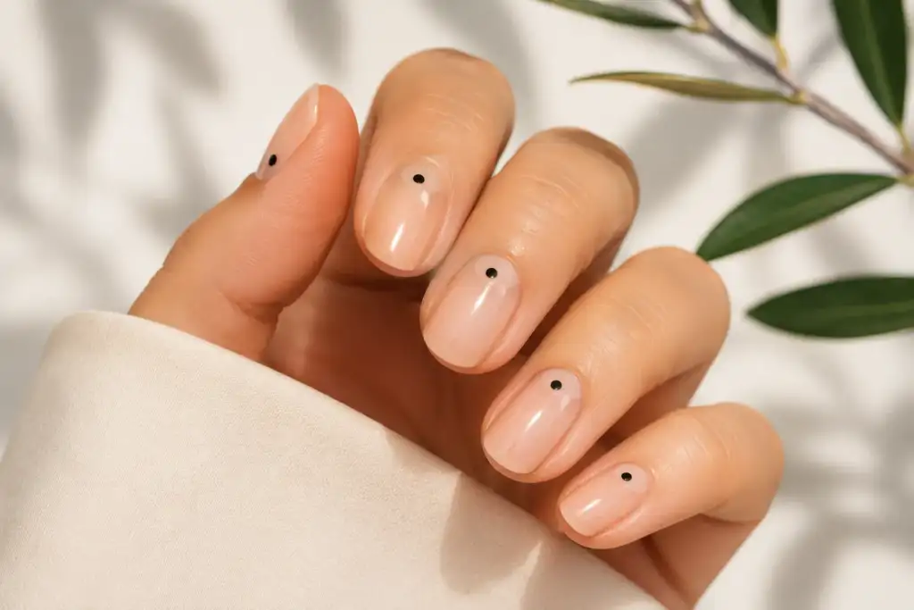 Polka dot nails minimalistas con lunar único Manicura polka dot minimalista con un único punto negro sobre uñas nude brillantes.