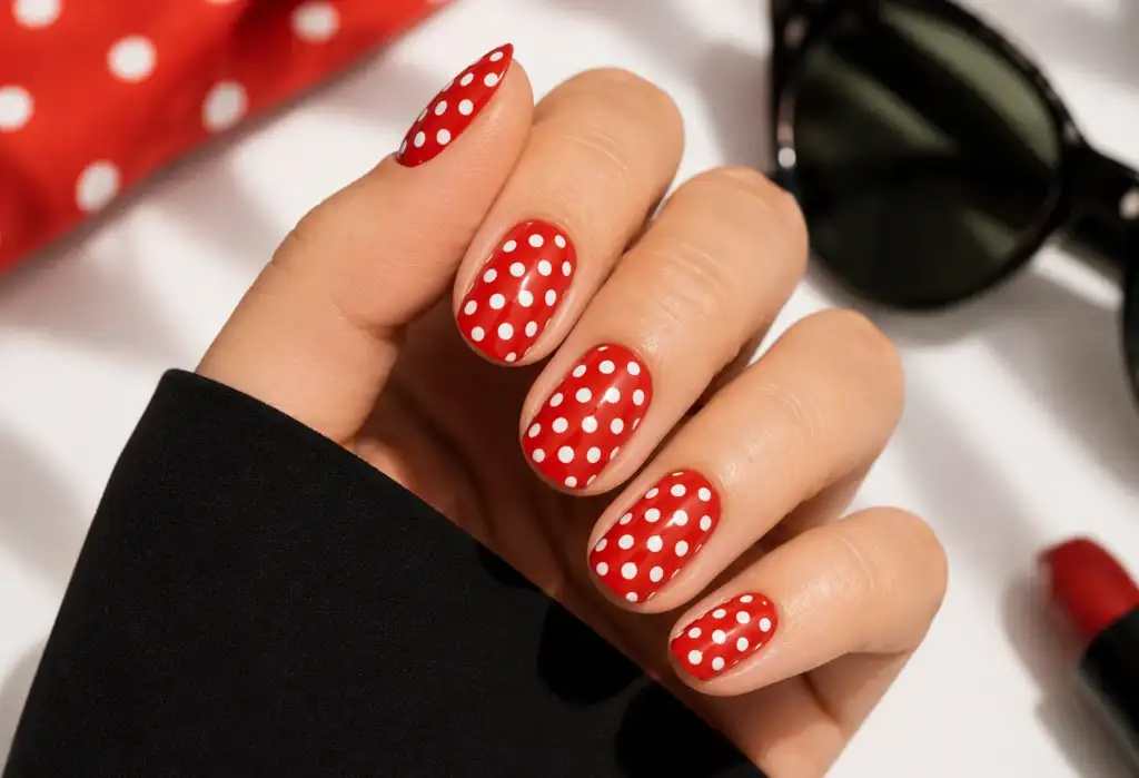 Polka dot nails retro maximalistas estilo pin-up 2026 Manicura polka dot estilo pin-up con esmalte rojo brillante y lunares blancos alineados, inspiración retro de los años cincuenta.