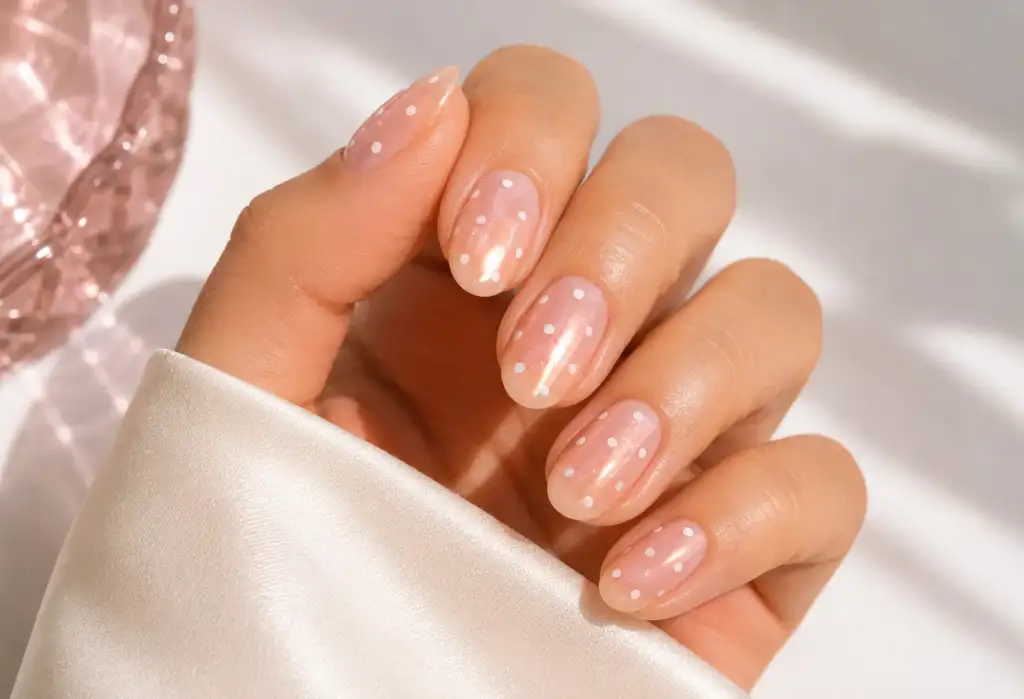 Polka dot nails sobre base sheer con acabado glazed Manicura polka dot con base translúcida efecto glazed y pequeños lunares blancos de estilo minimalista.