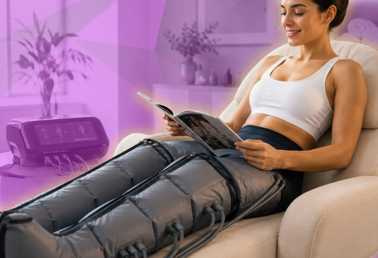 Mujer relajada durante una sesión de presoterapia inteligente con equipo de compresión neumática mientras recibe un tratamiento corporal en un centro de estética.