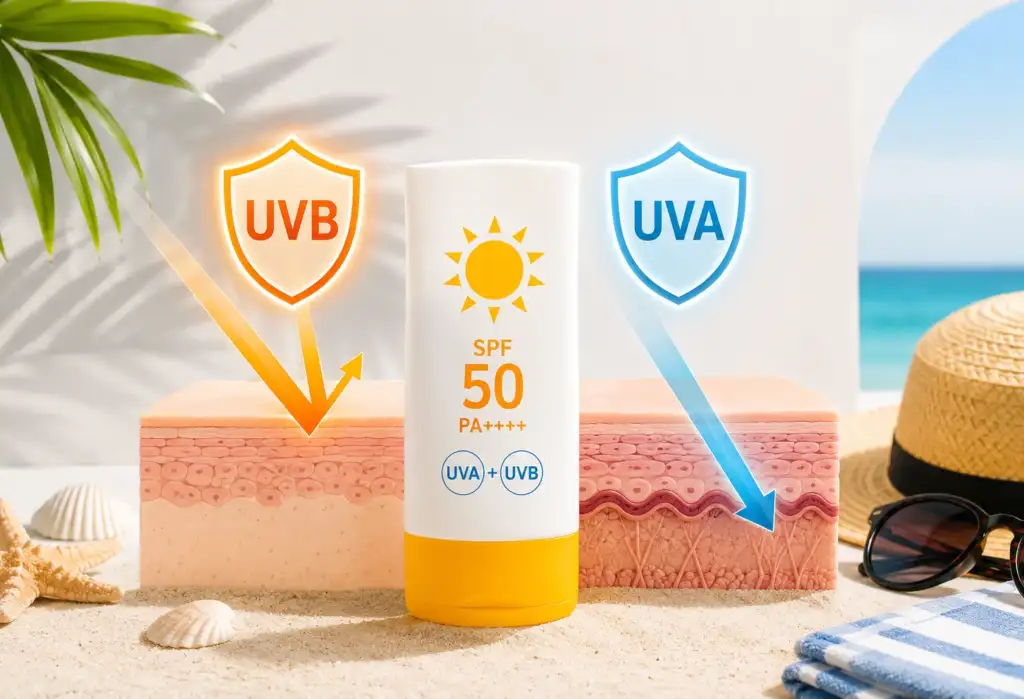 Protector solar SPF 50 con protección UVA y UVB ilustrando cómo la radiación UVB afecta a la epidermis y la UVA penetra hasta la dermis.