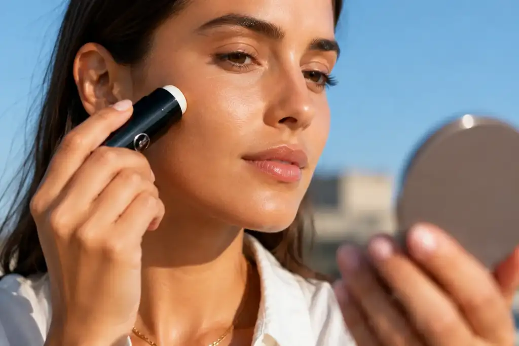 Protector solar en stick: reaplicación sobre el maquillaje Mujer aplicando un protector solar en stick sobre el maquillaje con un espejo de mano, demostrando la reaplicación de la fotoprotección sin alterar el acabado.