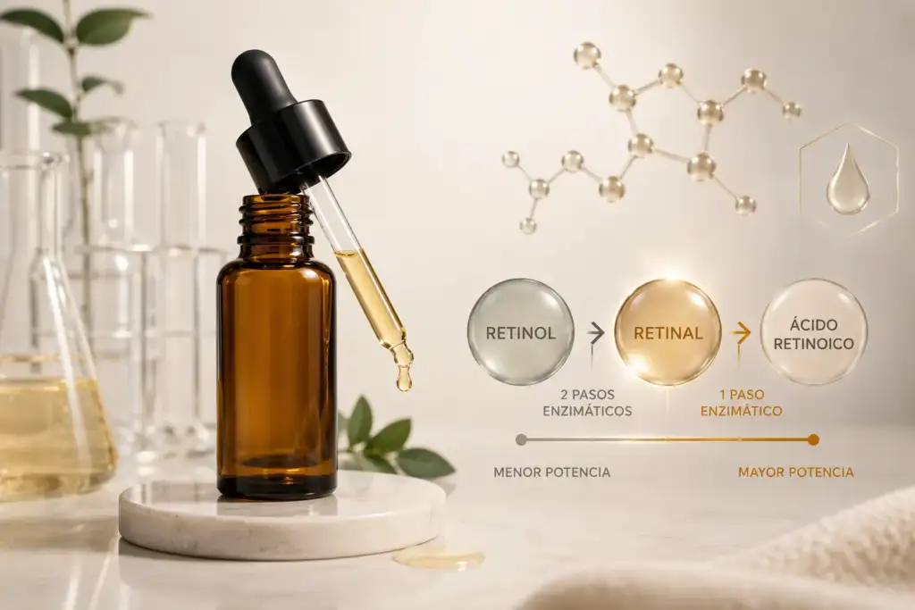 Retinal: el retinoide más potente disponible sin receta Ilustración del retinal con sérum cosmético, moléculas de vitamina A y representación de su conversión hacia ácido retinoico.