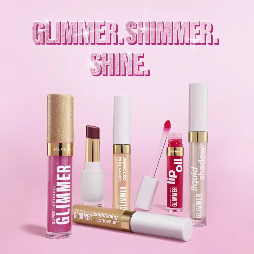 Imagen promocional de la colección Revlon Glimmer con sombra de ojos líquida Liquid Shadow, Lip Oil, correctores y productos de maquillaje de acabado brillante.