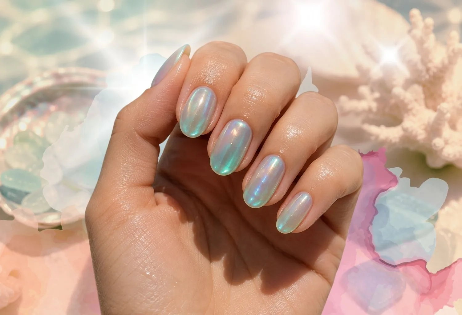 Mano con manicura Sea Glass en tonos aguamarina e iridiscentes con efecto cristal de mar, inspirada en las tendencias de uñas del verano 2026.
