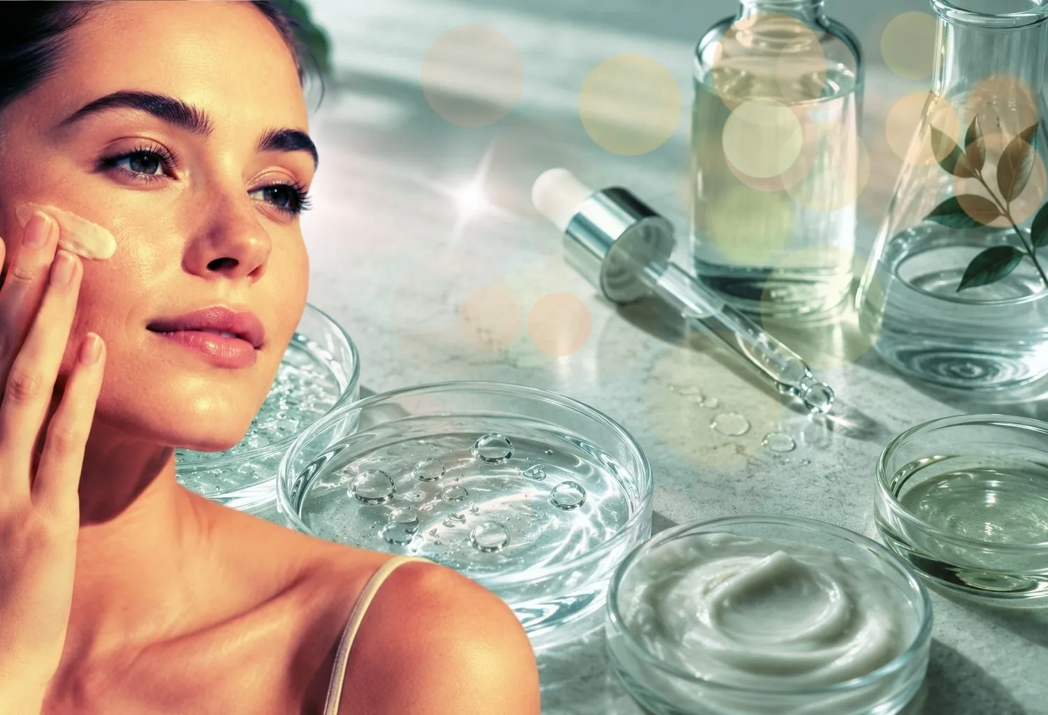 Mujer aplicando crema facial junto a texturas cosméticas y activos de cuidado de la piel que representan el concepto de skin longevity y la cosmética preventiva.