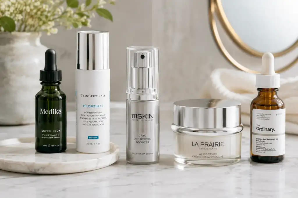 Selección de productos premium para el cuidado facial orientados al concepto de skin longevity, con sérums, antioxidantes y cremas regeneradoras sobre una superficie de mármol en un ambiente elegante.
