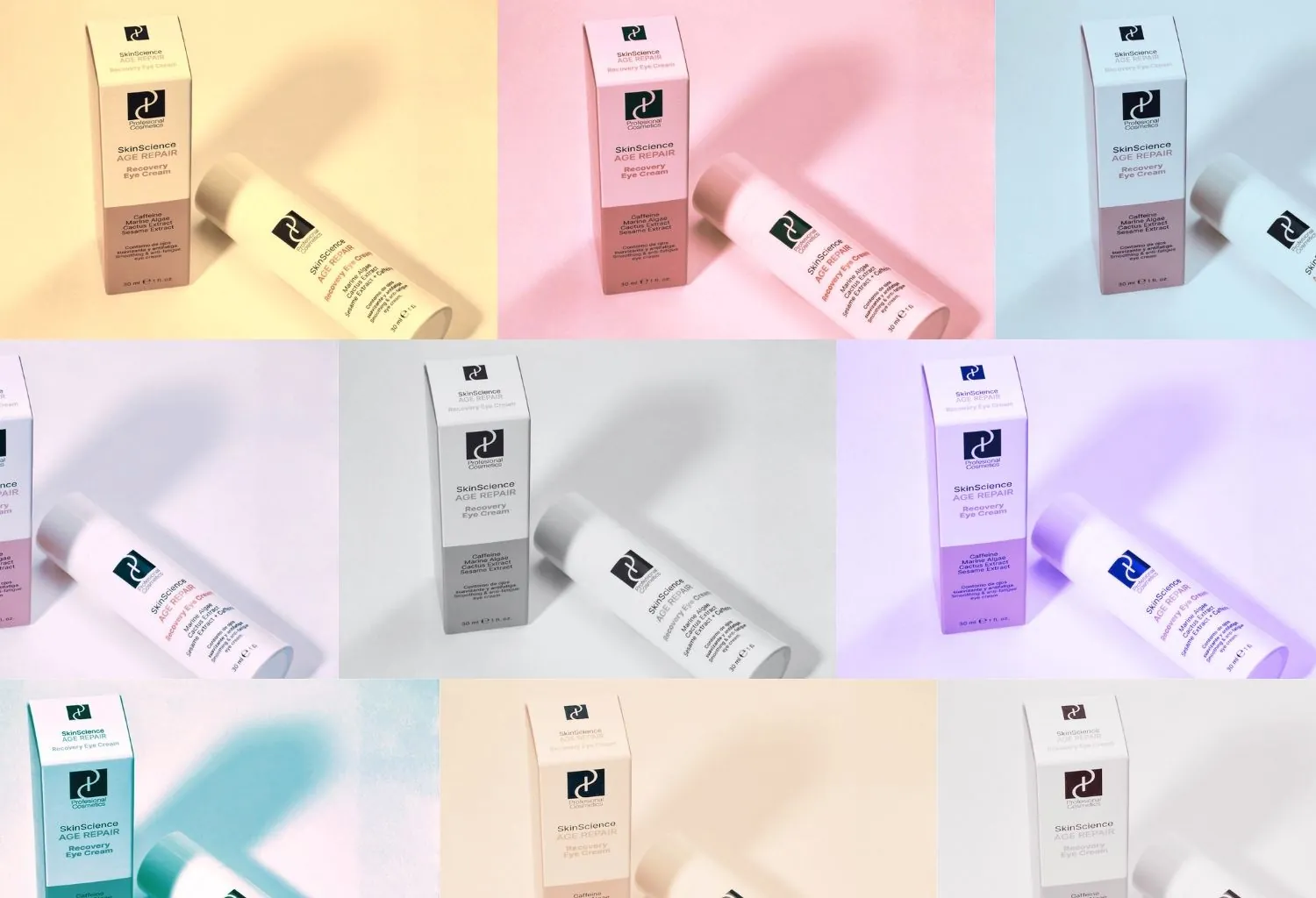 Collage del contorno de ojos SkinScience Age Repair Recovery Eye Cream con diferentes fondos en tonos pastel para mostrar el producto desde distintas composiciones.