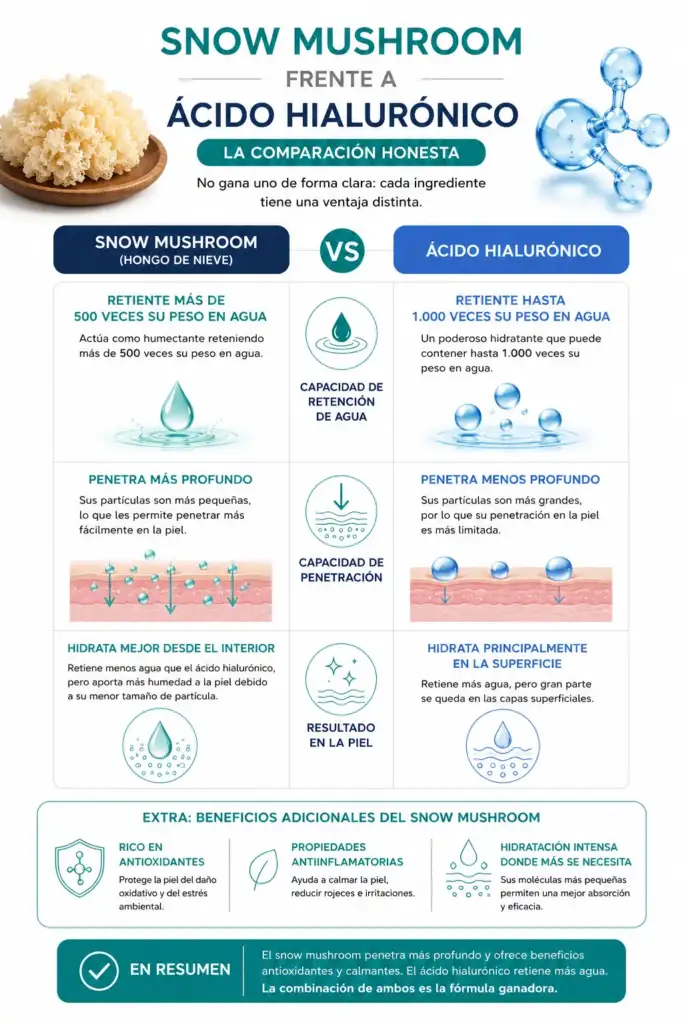 Infografía comparativa: Snow Mushroom vs ácido hialurónico Infografía que compara el Snow Mushroom (hongo de nieve) y el ácido hialurónico, mostrando su capacidad de retención de agua, penetración en la piel, hidratación y beneficios antioxidantes y antiinflamatorios.