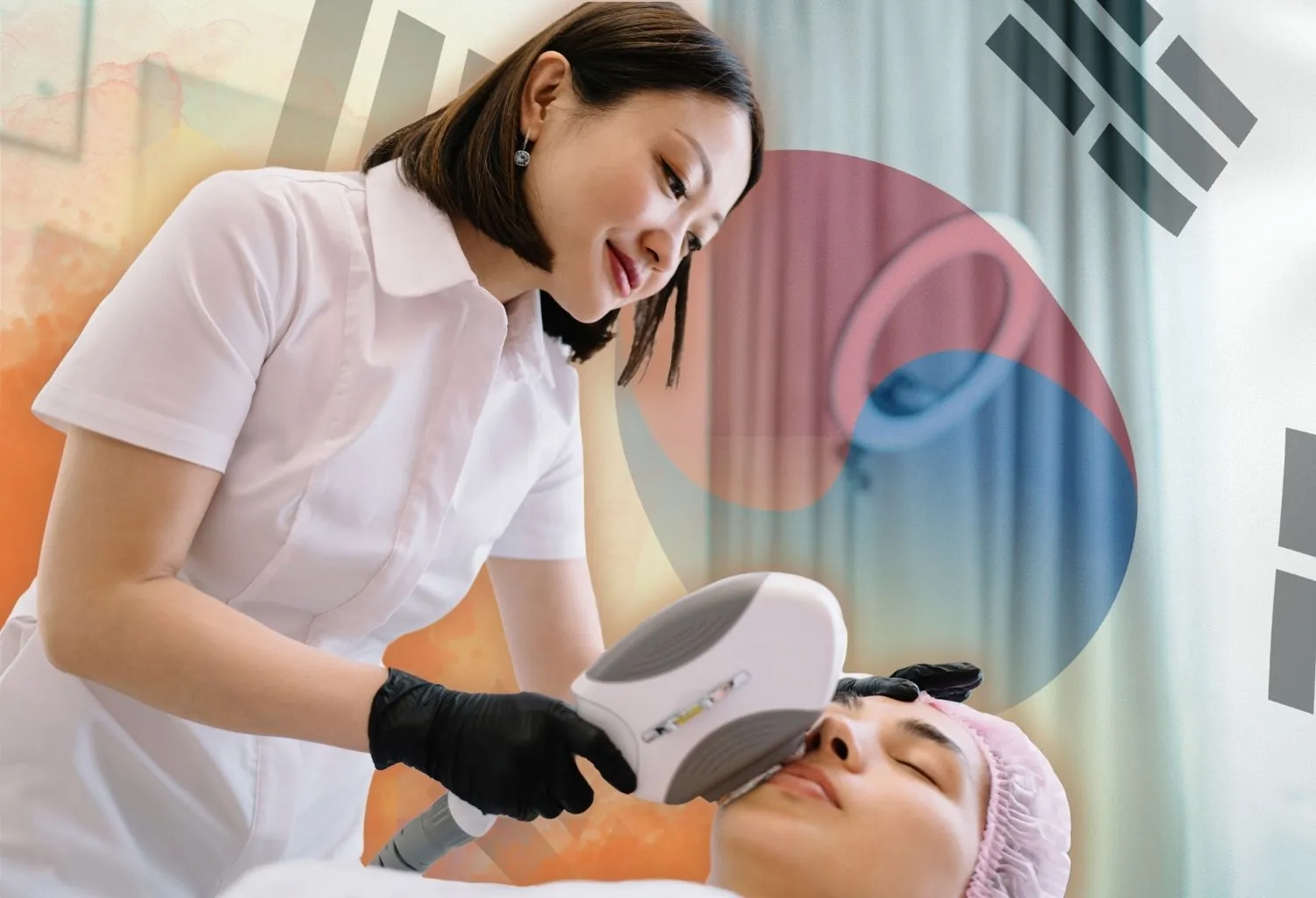 Profesional de estética realizando un tratamiento facial con aparatología de origen coreano a una clienta en un centro de belleza.